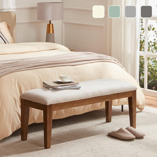 Banc d'entrée recouvert de tissu, banc de chambre à coucher pour le pied du lit, beige, en bois massif, 44 pouces