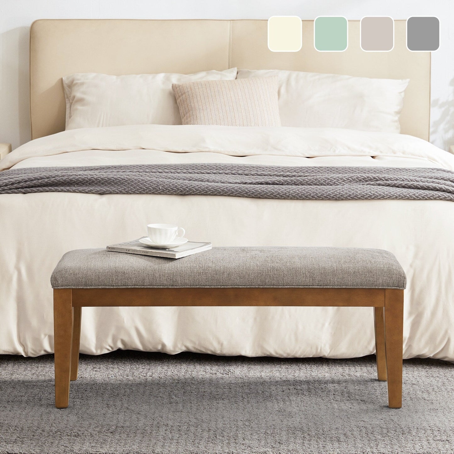 Banc d'entrée recouvert de tissu, banc de chambre à coucher pour le pied du lit, beige, en bois massif, 44 pouces