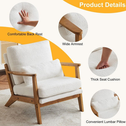 Fauteuil d'appoint en tissu mélangé de lin avec pieds en bois et un coussin beige.