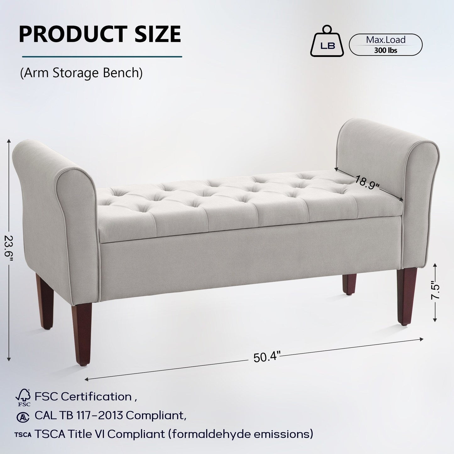 Banc de rangement capitonné, banc avec accoudoirs, banc d'entrée avec couvercle rabattable, 50,4 pouces.