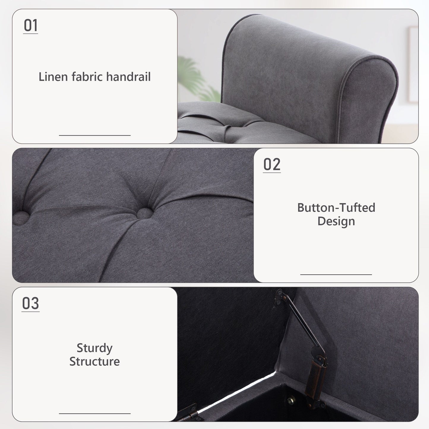 Banc de rangement capitonné, banc avec accoudoirs, banc d'entrée avec couvercle rabattable, 50,4 pouces.