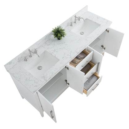 Meuble-lavabo de salle de bain Art 72 avec double lavabo et dessus en marbre synthétique.