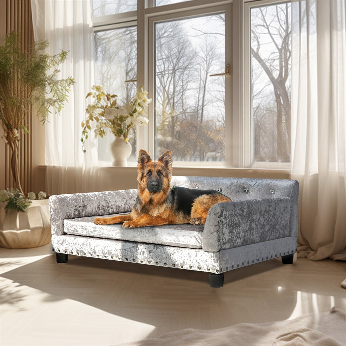 Couchon pour animal de compagnie en velours capitonné, recouvert de velours et doté d'un coussin amovible.