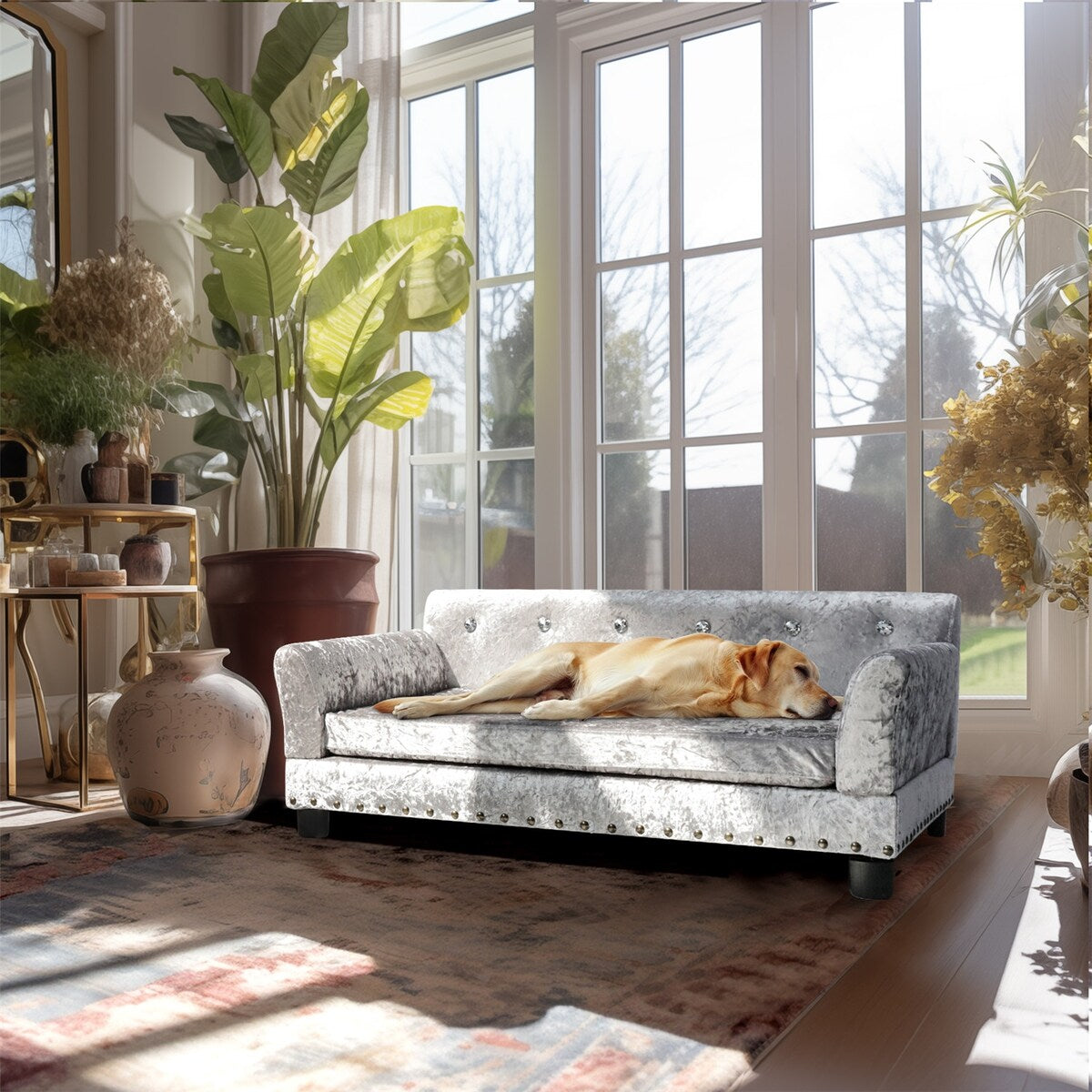 Couchon pour animal de compagnie en velours capitonné, recouvert de velours et doté d'un coussin amovible.