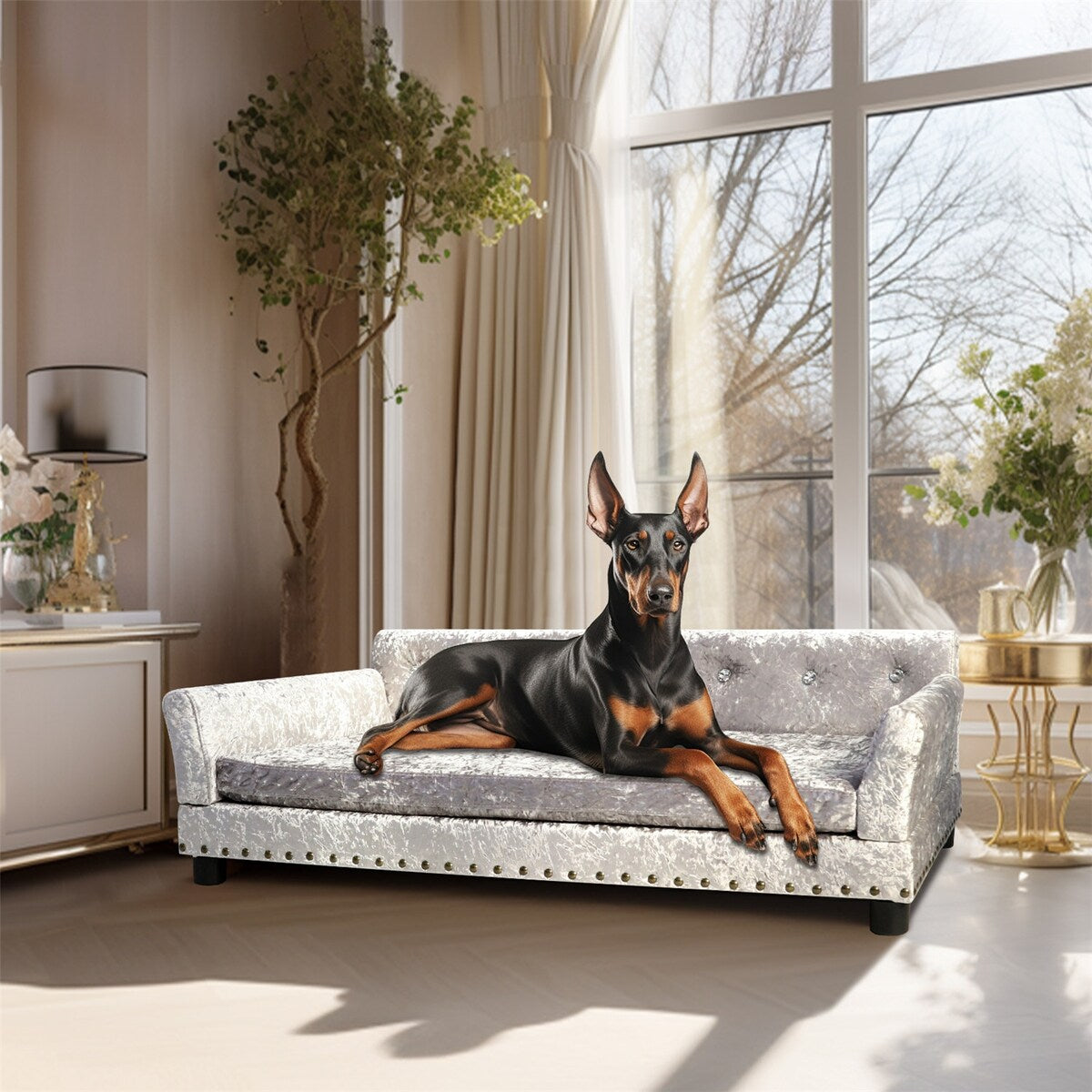 Couchon pour animal de compagnie en velours capitonné, recouvert de velours et doté d'un coussin amovible.
