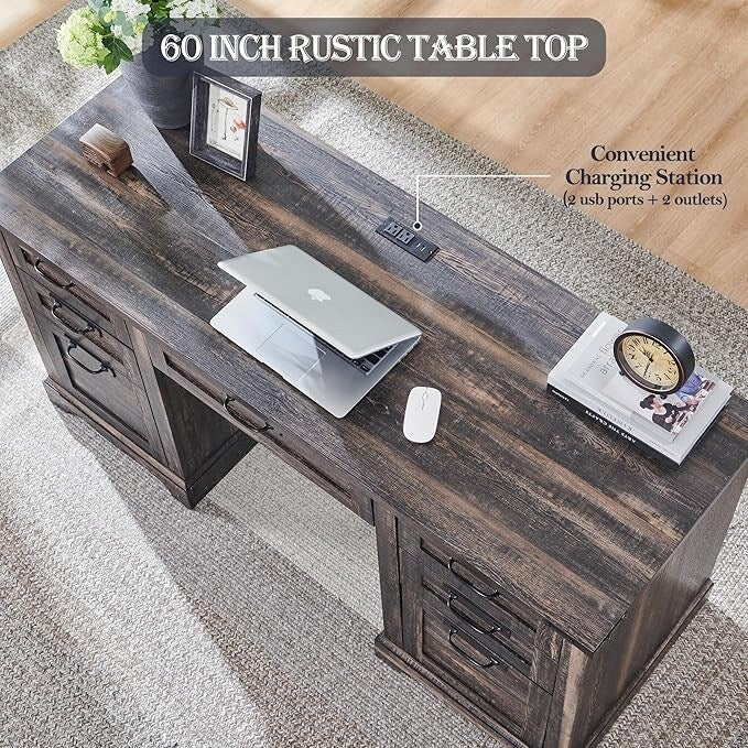 Bureau de direction de style farmhouse de 60 pouces, bureau de travail en bois pour la maison, bureau d'ordinateur