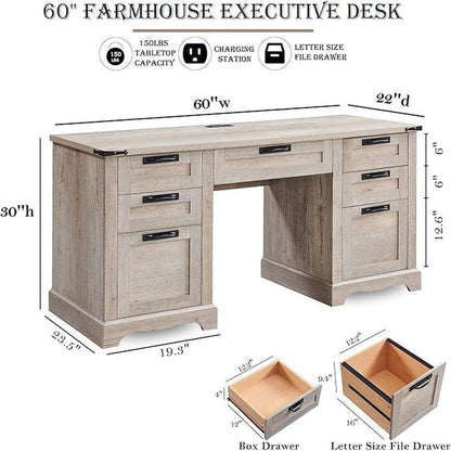 Bureau de direction de style farmhouse de 60 pouces, bureau de travail en bois pour la maison, bureau d'ordinateur