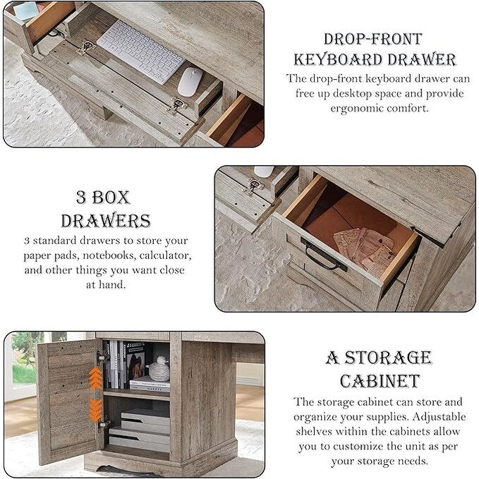 Bureau de direction de style farmhouse de 60 pouces, bureau de travail en bois pour la maison, bureau d'ordinateur