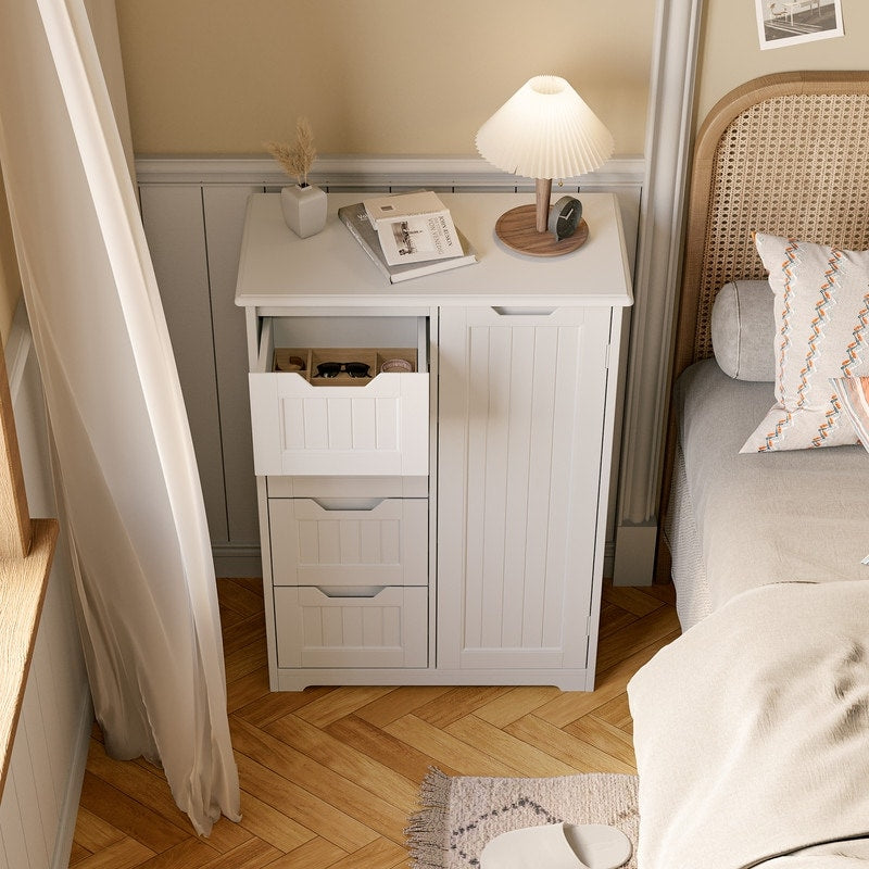 Meuble de rangement pour salle de bain, meuble de rangement au sol avec 4 tiroirs et étagère réglable