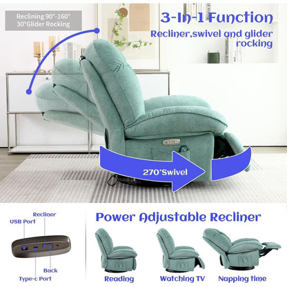 Fauteuil inclinable pivotant XINMICS, fauteuil inclinable oscillant massant avec chauffage, USB, USB-C et poche latérale
