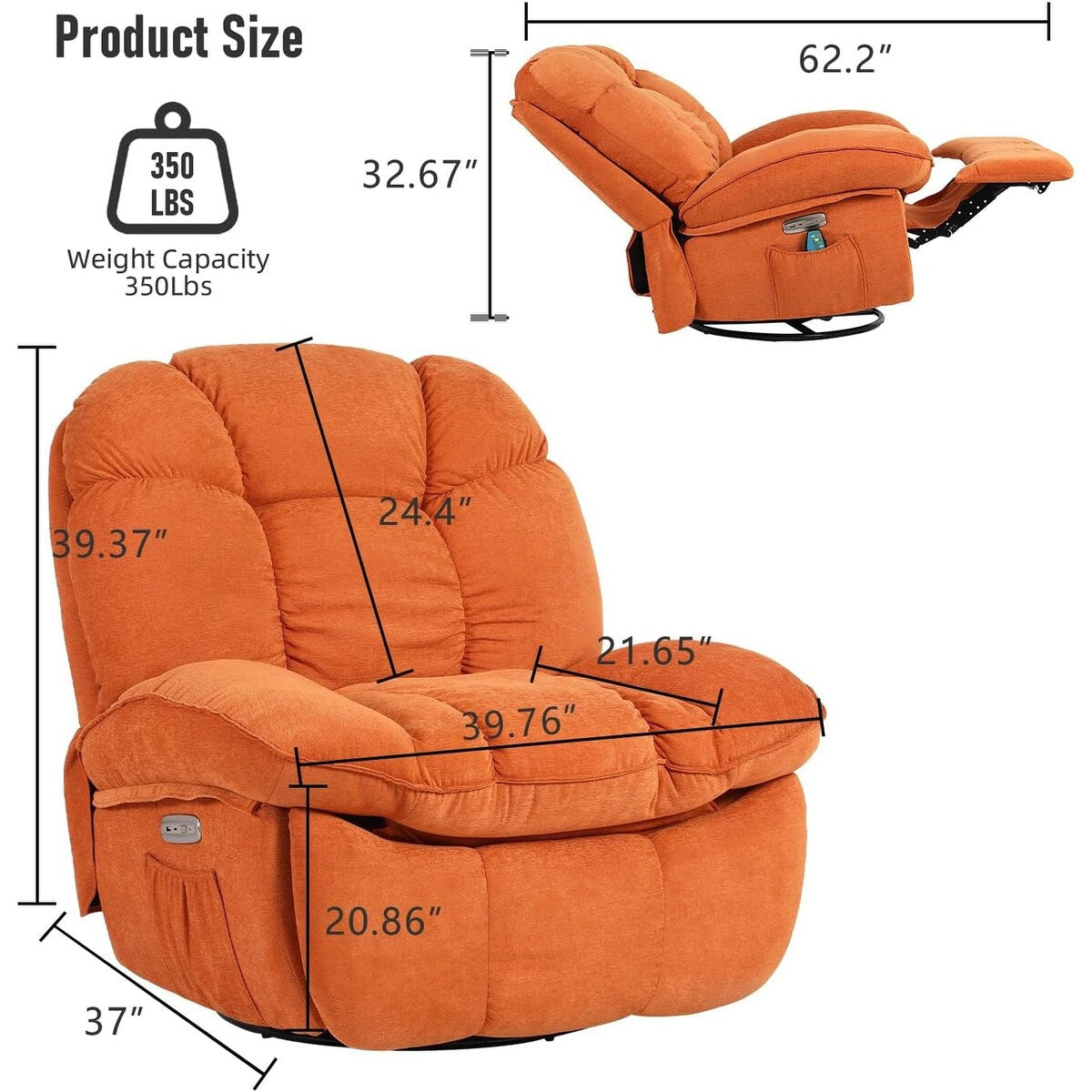 Fauteuil inclinable pivotant XINMICS, fauteuil inclinable oscillant massant avec chauffage, USB, USB-C et poche latérale