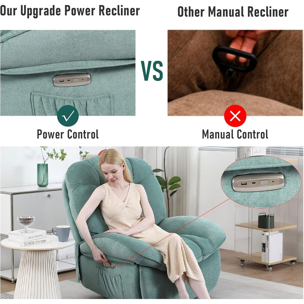 Fauteuil inclinable pivotant XINMICS, fauteuil inclinable oscillant massant avec chauffage, USB, USB-C et poche latérale