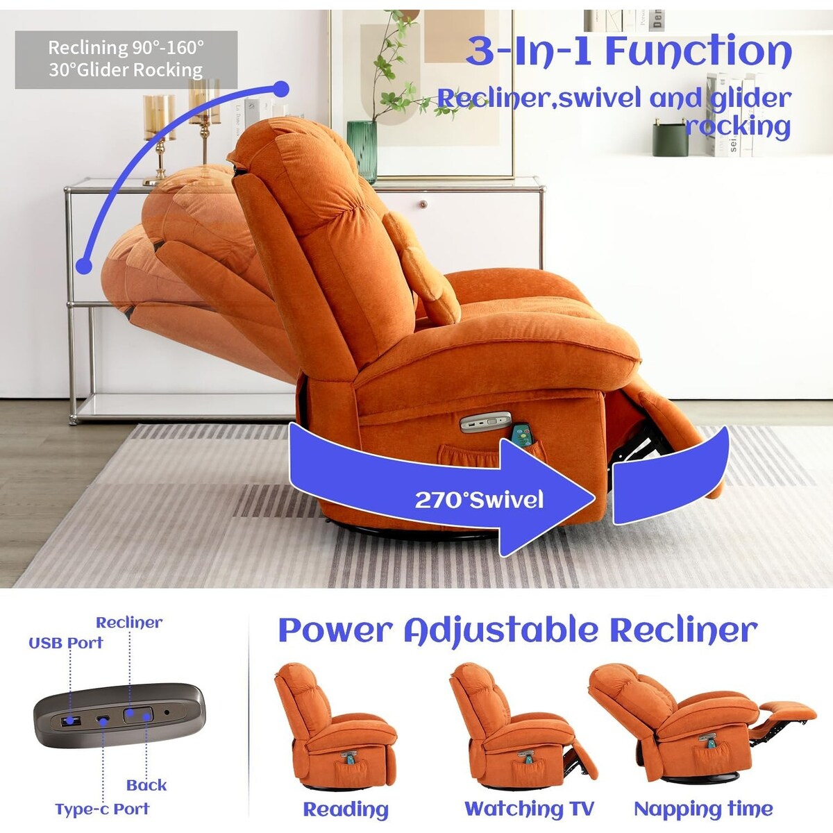 Fauteuil inclinable pivotant XINMICS, fauteuil inclinable oscillant massant avec chauffage, USB, USB-C et poche latérale