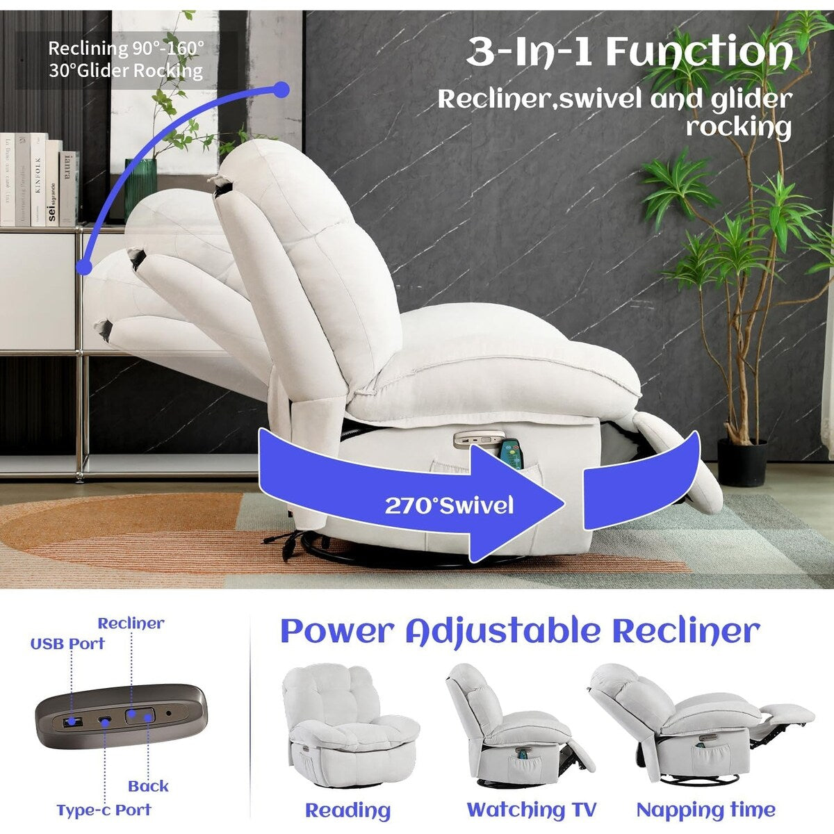 Fauteuil inclinable pivotant XINMICS, fauteuil inclinable oscillant massant avec chauffage, USB, USB-C et poche latérale
