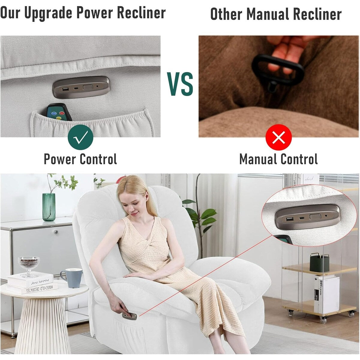 Fauteuil inclinable pivotant XINMICS, fauteuil inclinable oscillant massant avec chauffage, USB, USB-C et poche latérale
