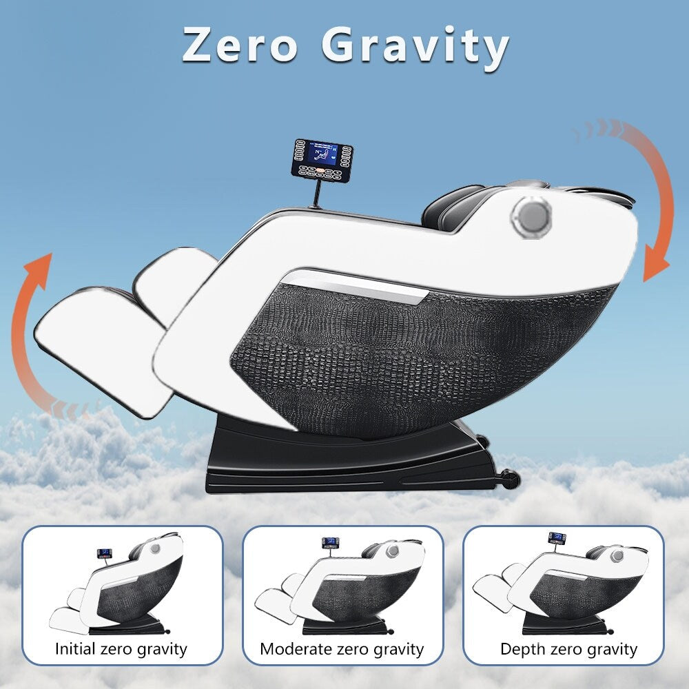 Fauteuil de massage inclinable à gravité zéro avec massage corporel complet, chauffage et audio Bluetooth intégré.