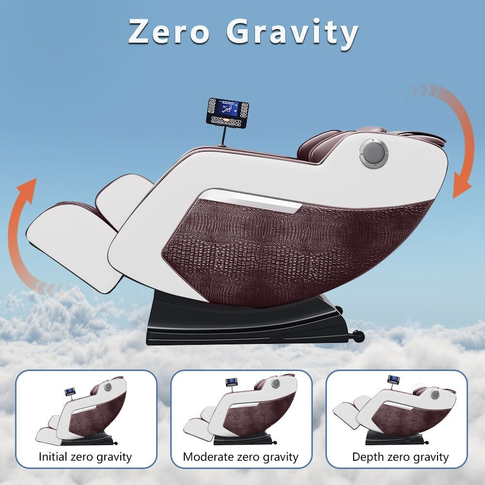 Fauteuil de massage inclinable à gravité zéro avec massage corporel complet, chauffage et audio Bluetooth intégré.